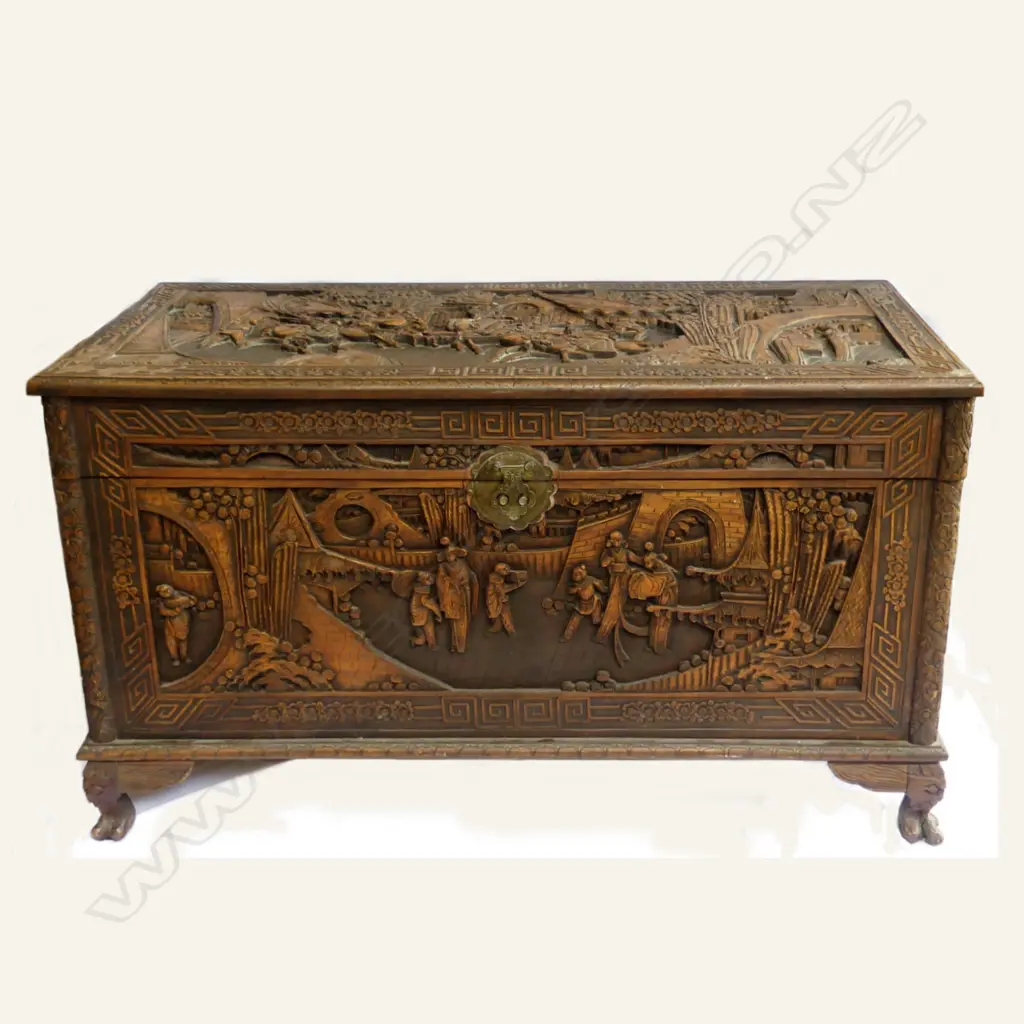 A carved Chinese camphor wood chest Image 1++