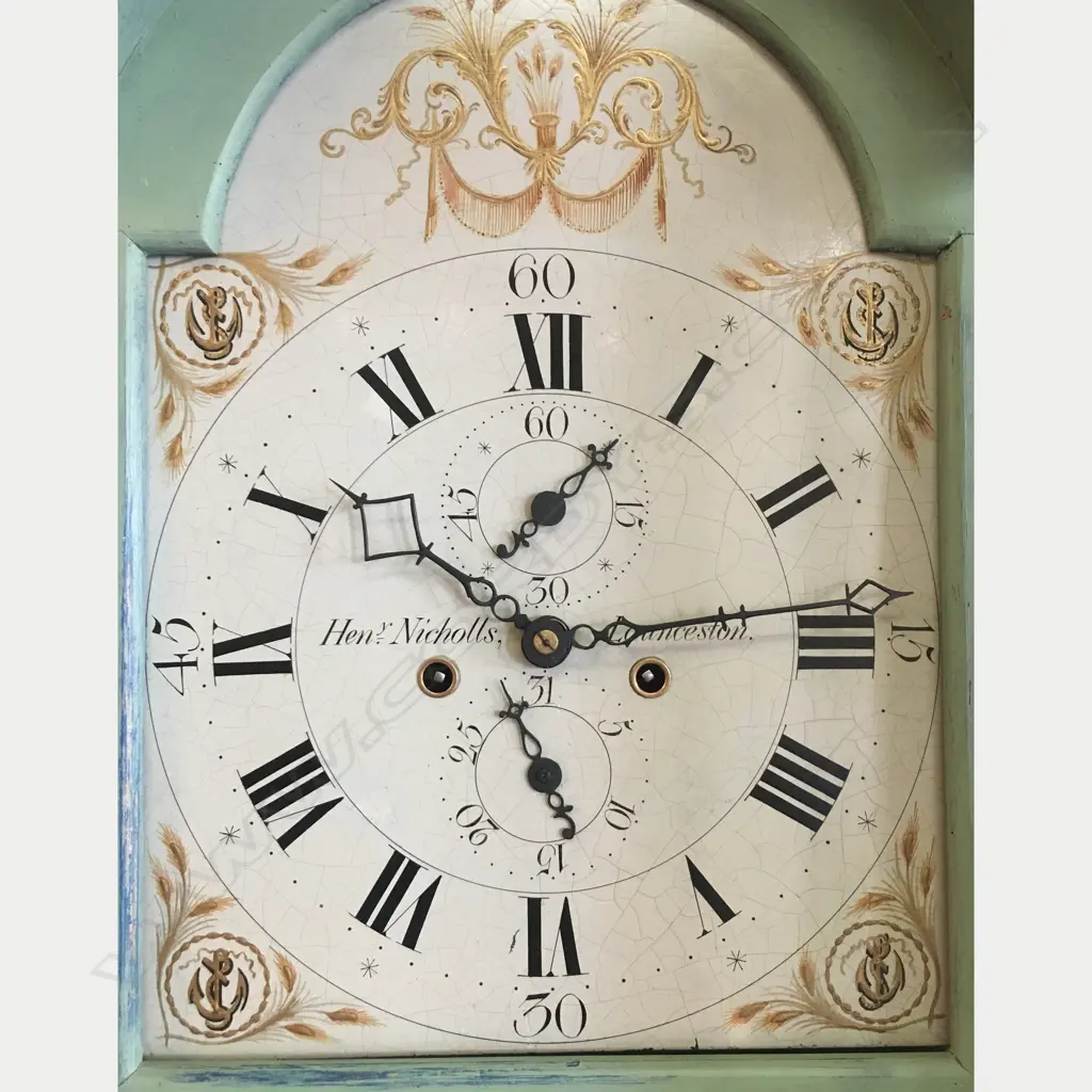 A George III painted pine longcase clock by Henry Nicholls Launceston Image 1++