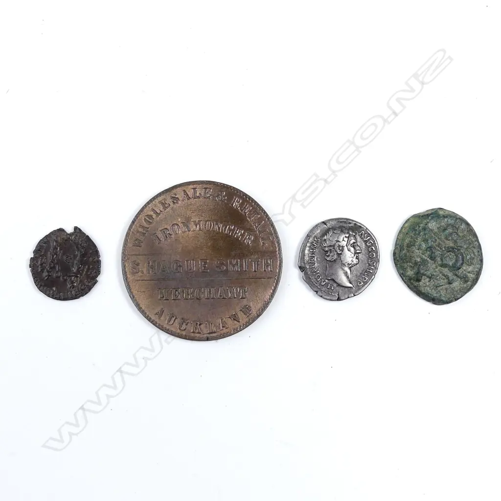 Three ancient bronze coins and one token Image 1++