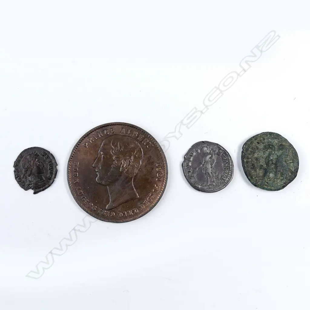 Three ancient bronze coins and one token Image 1++