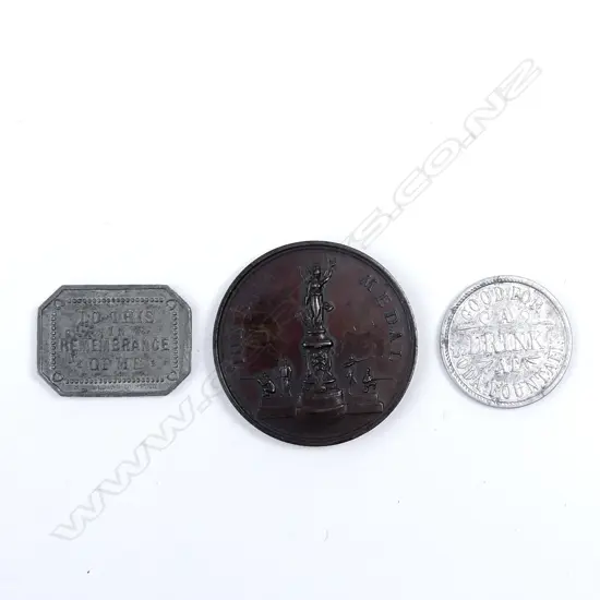 Two early N.Z. aluminium tokens and one bronze medal
