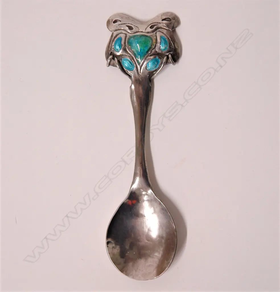 A good Reuben Watts silver and enamel Arts & Crafts spoon Image 1++
