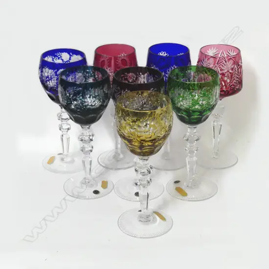 Eight Bohemian crystal wine glasses