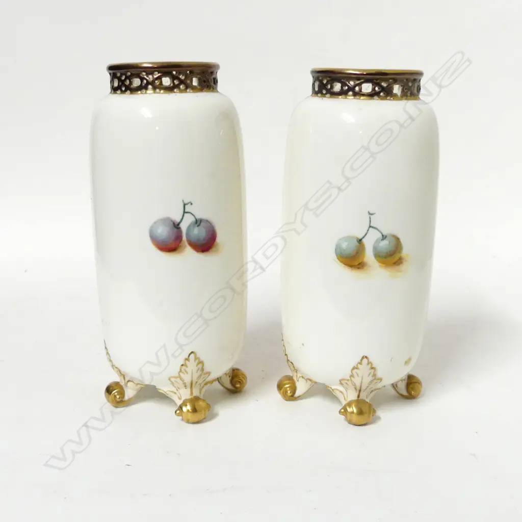 A pair of Royal Worcester fruit painted cylinder vases Image 1++