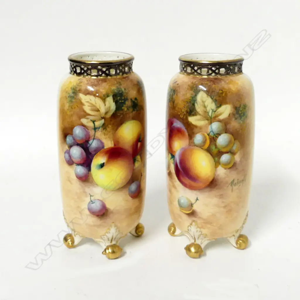 A pair of Royal Worcester fruit painted cylinder vases Image 1++