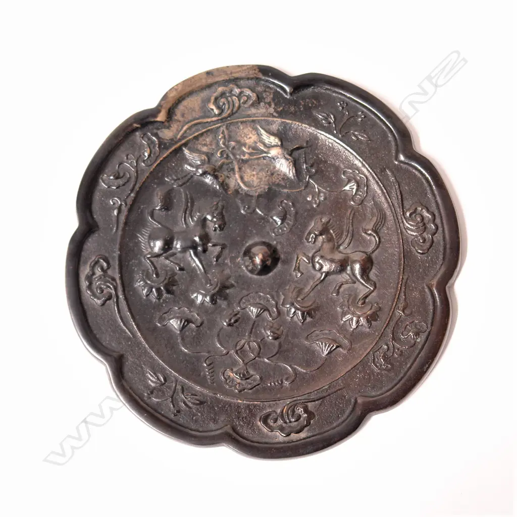 An old Chinese white metal (silver?) cloud form mirror Image 1++