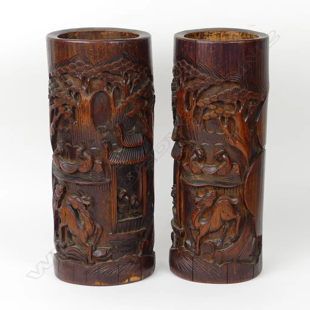 A pair of vintage Chinese carved bamboo brush pots Image 1++