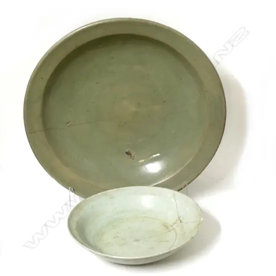 A large Longquan-type celadon bowl and Qingbai glazed dish