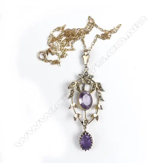 An Edwardian 9ct rose gold amethyst and pearl pendant