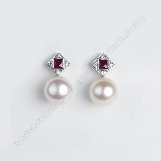 A pair of 18ct white gold diamond ruby and pearl earrings