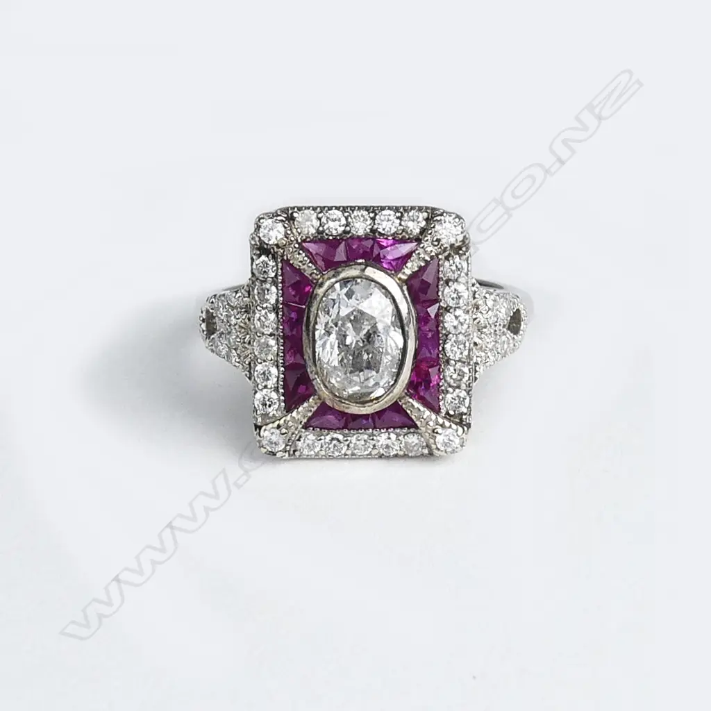 An 18ct white gold diamond and ruby Art Deco style ring Image 1++
