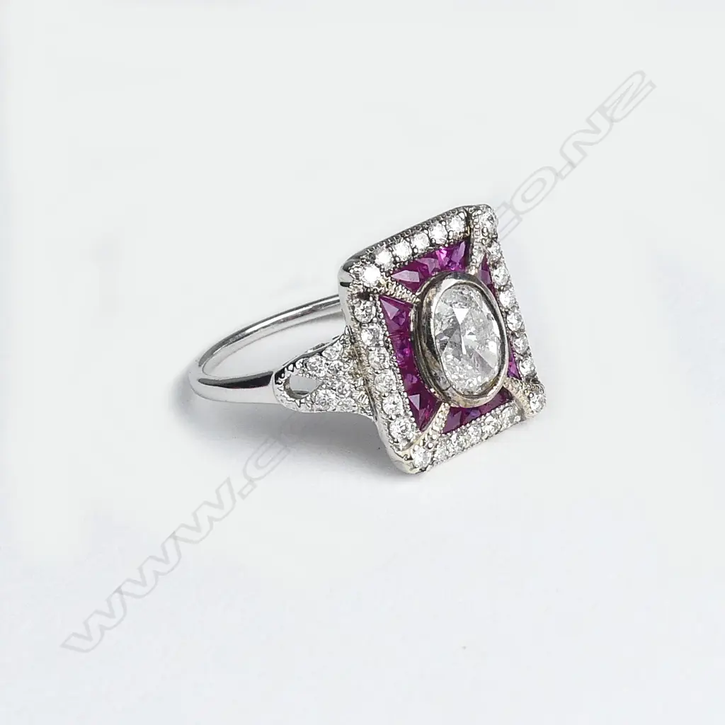 An 18ct white gold diamond and ruby Art Deco style ring Image 1++