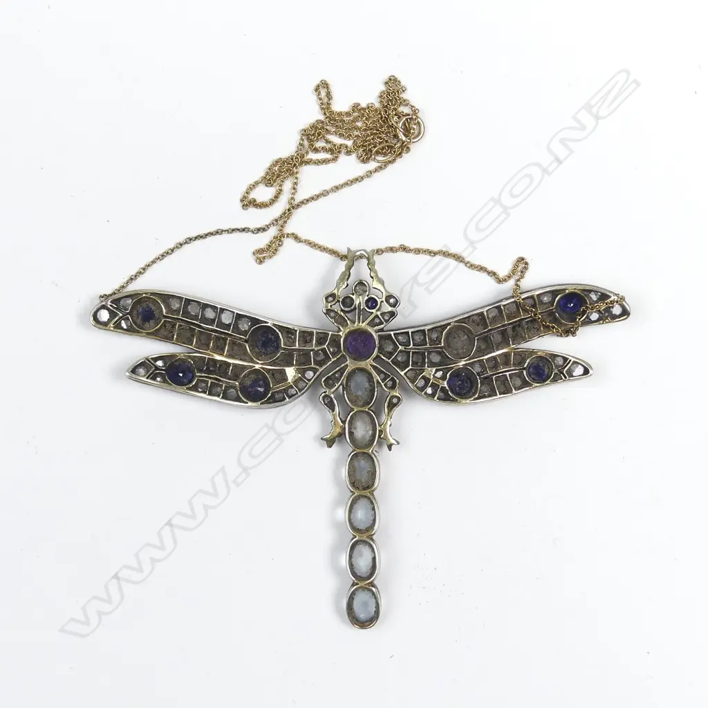 A silver and gold multi gemstone Art Nouveau style dragonfly pendant Image 1++
