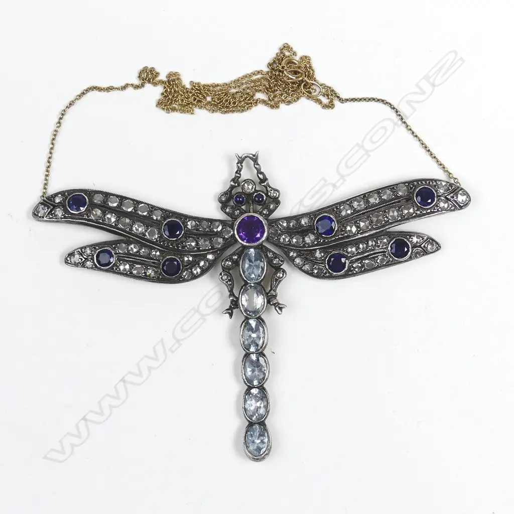 A silver and gold multi gemstone Art Nouveau style dragonfly pendant Image 1++