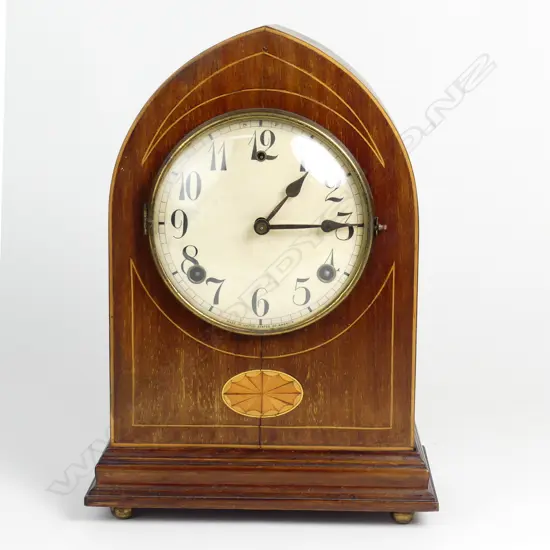 An Edwardian Sheraton Revival lancet cased clock