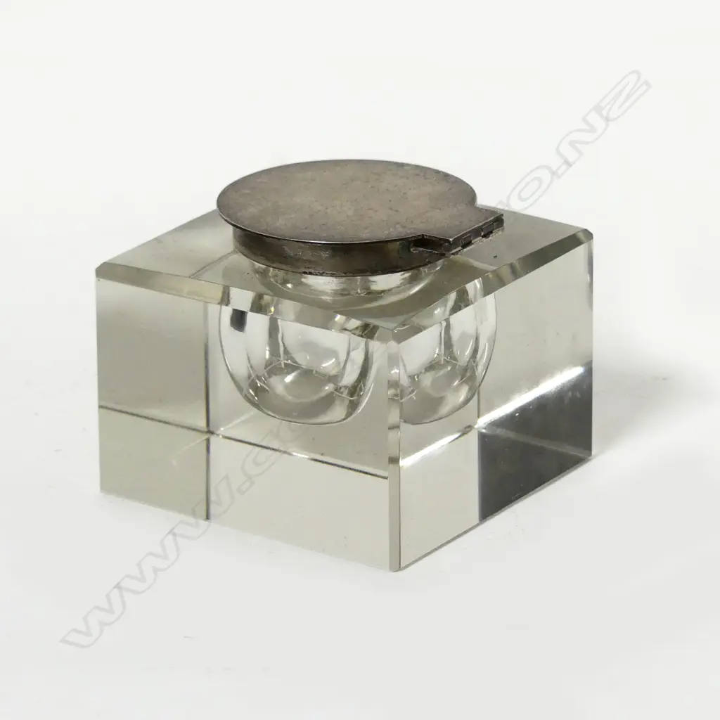A silver topped glass cube inkwell Image 1++