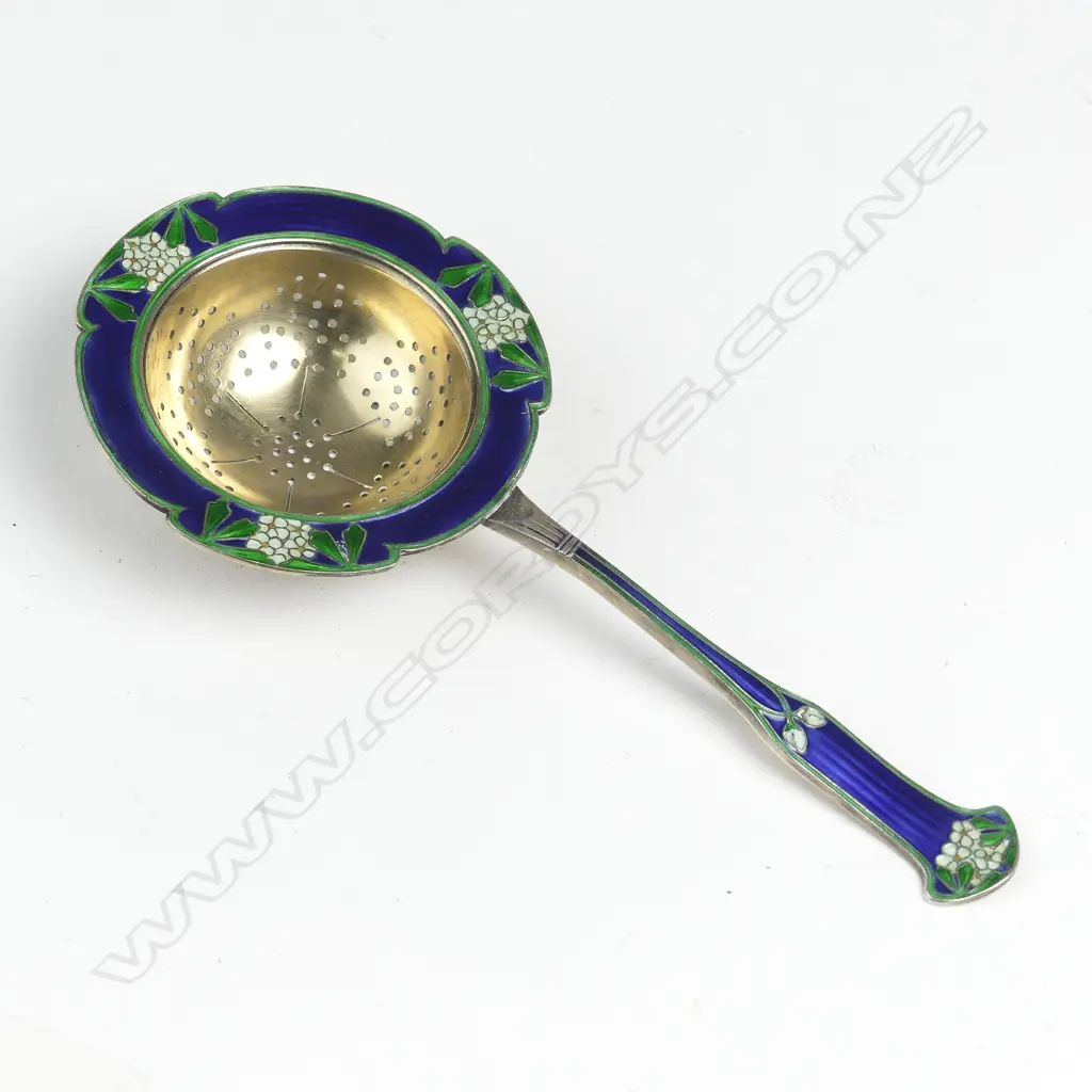 A c.1920s Scandinavian enamelled silver tea strainer Image 1++