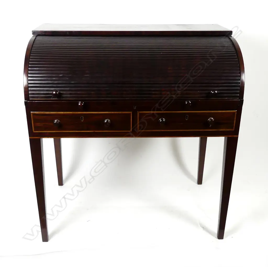 An elegant Edwardian Sheraton Revival cylinder writing desk Image 1++