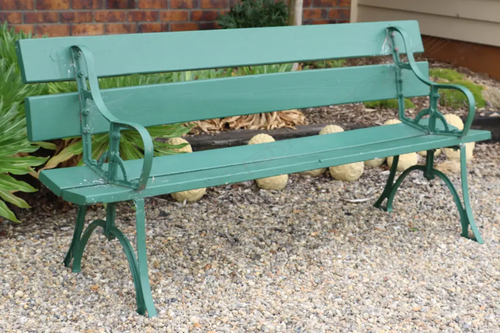 A New Zealand Gillies foundry cast iron and wood slat garden bench seat Image 1++