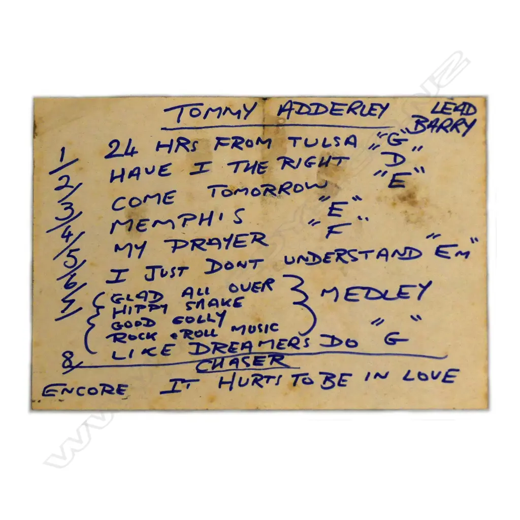 Tommy Adderley hand-written set list Image 1++