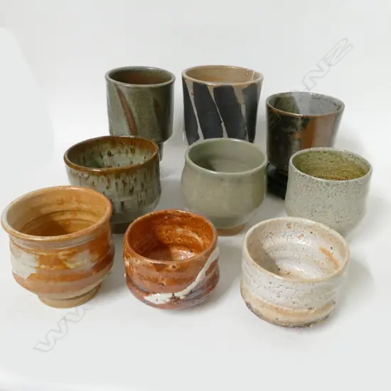 Nine various pottery yunomi and beakers