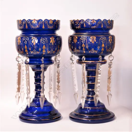 A pair of Victorian Bristol blue glass lustres
