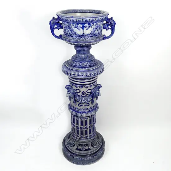 A German Westerwald salt glaze jardinière on pedestal stand
