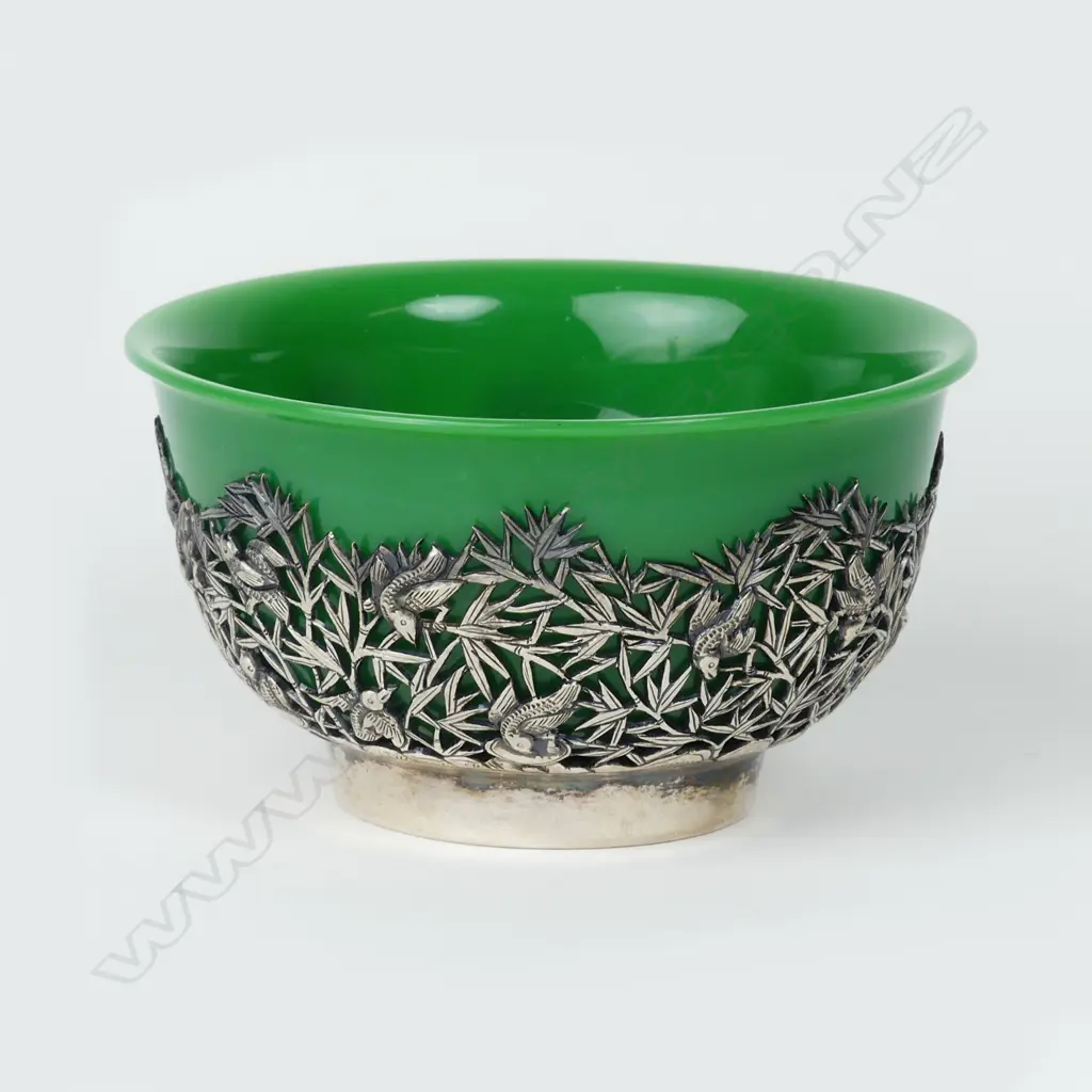 A quality Peking green glass bowl in silver stand Image 1++