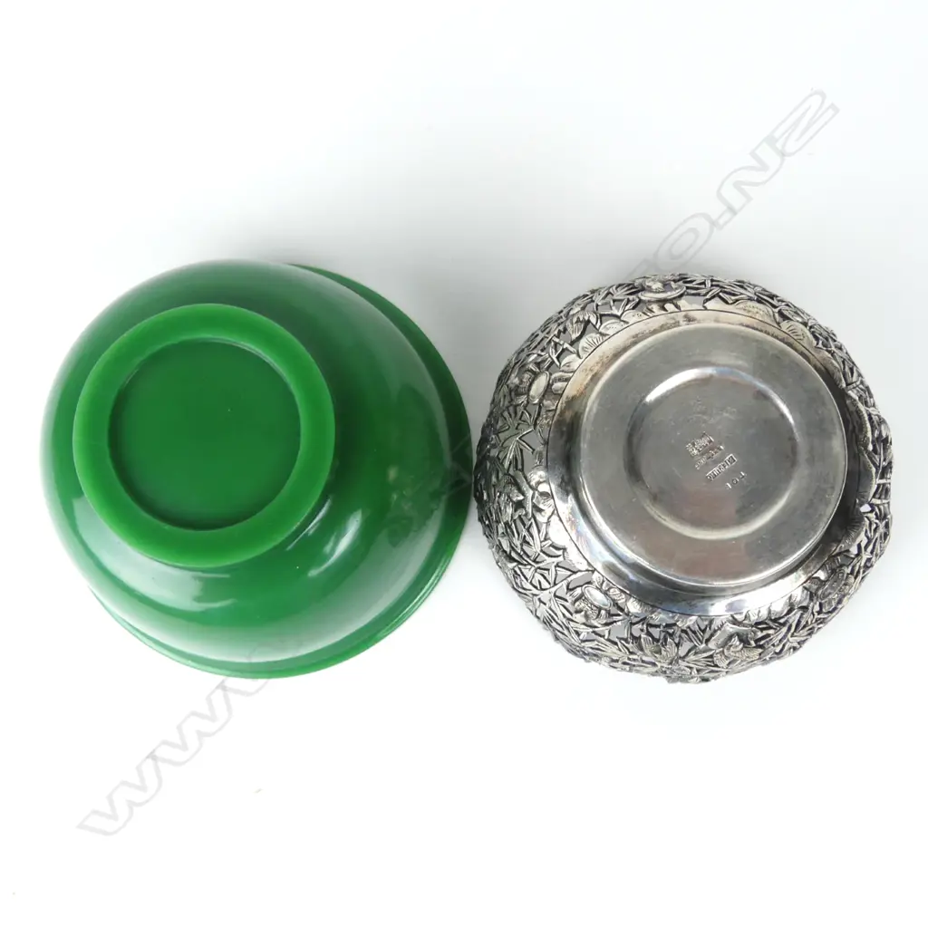 A quality Peking green glass bowl in silver stand Image 1++