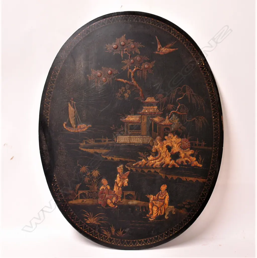 A 19thC Chinese papier maché oval panel Image 1++