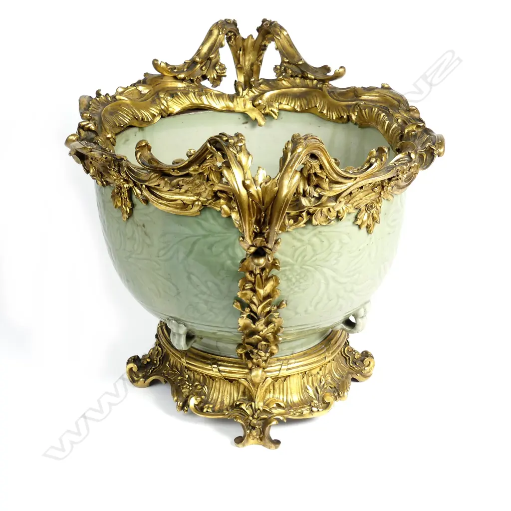 A rare and large French ormolu-mounted Chinese Ming dynasty celadon porcelain bowl Image 1++