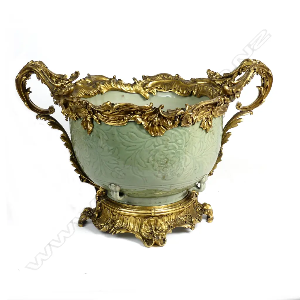 A rare and large French ormolu-mounted Chinese Ming dynasty celadon porcelain bowl Image 1++