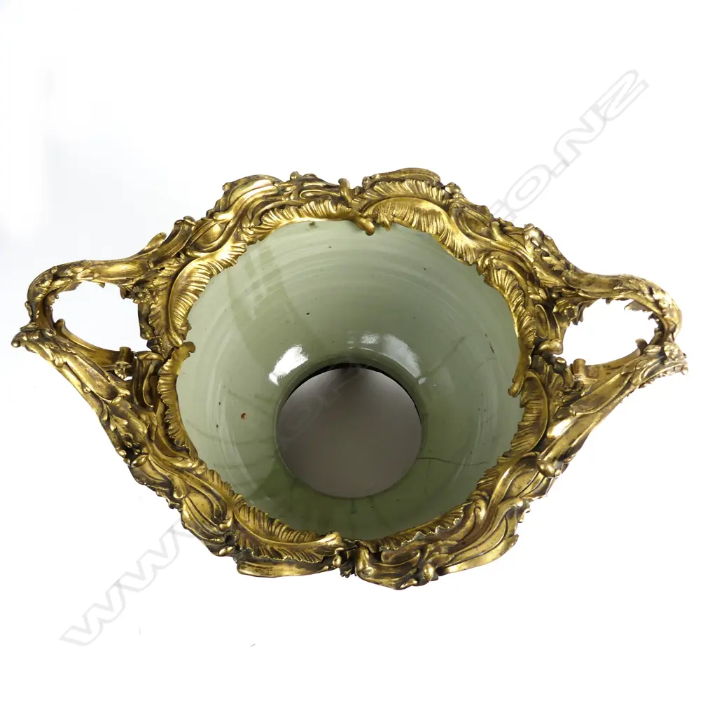 A rare and large French ormolu-mounted Chinese Ming dynasty celadon porcelain bowl Image 1++