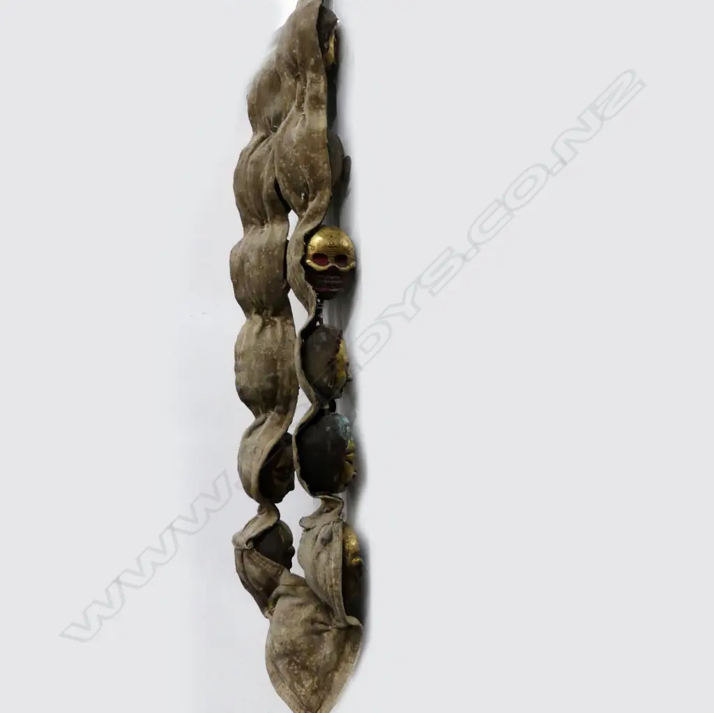 An uncommon Tibetan lama’s collar of thirteen brass masks Image 1++