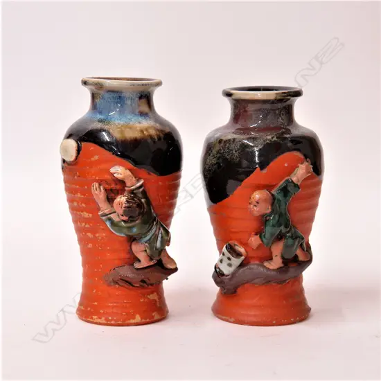 A pair of vintage Japanese Sumida figured small baluster vases