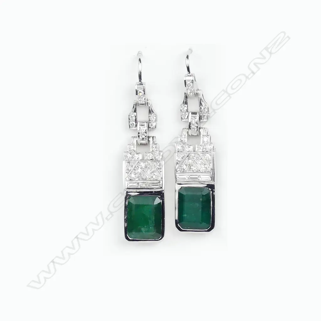 A pair of 14ct white gold emerald and diamond Art Deco style earrings Image 1++
