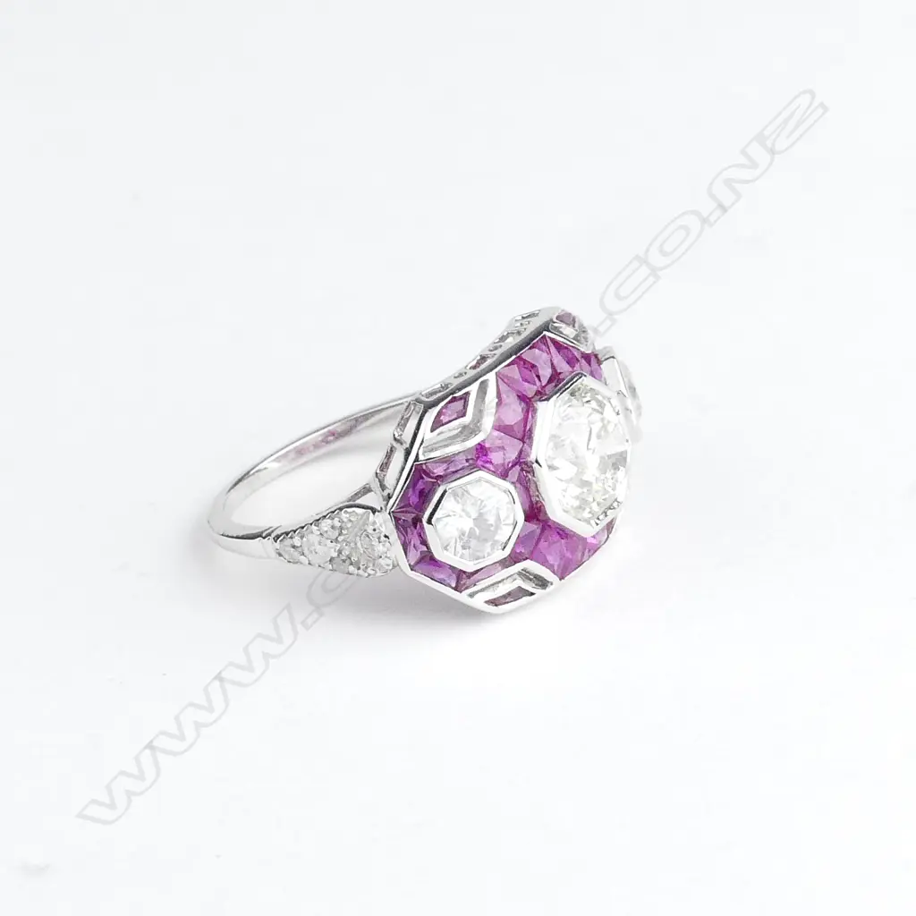 An 18ct white gold ruby and diamond Art Deco style ring Image 1++