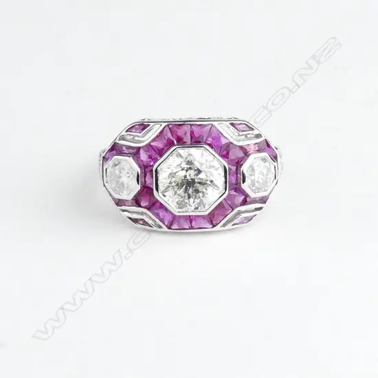 An 18ct white gold ruby and diamond Art Deco style ring