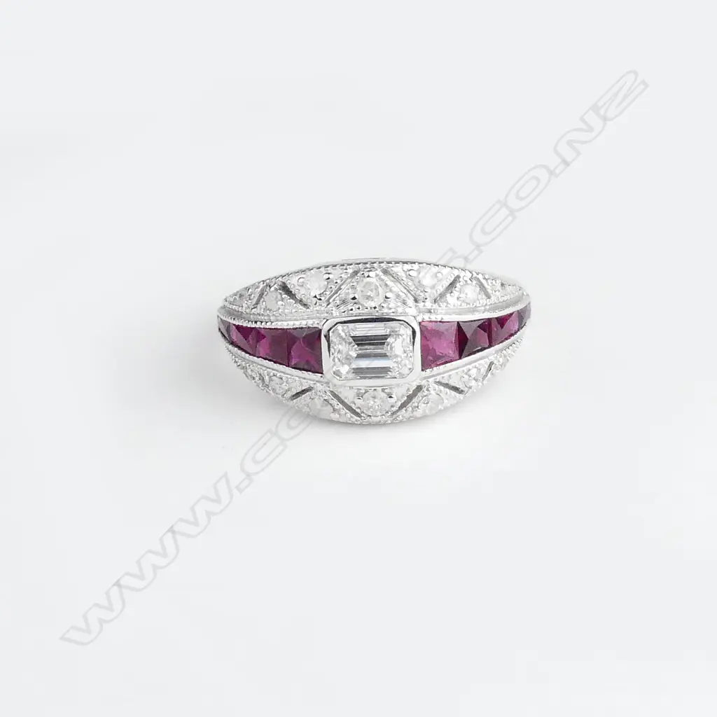 An 18ct white gold ruby and diamond Art Deco style ring Image 1++