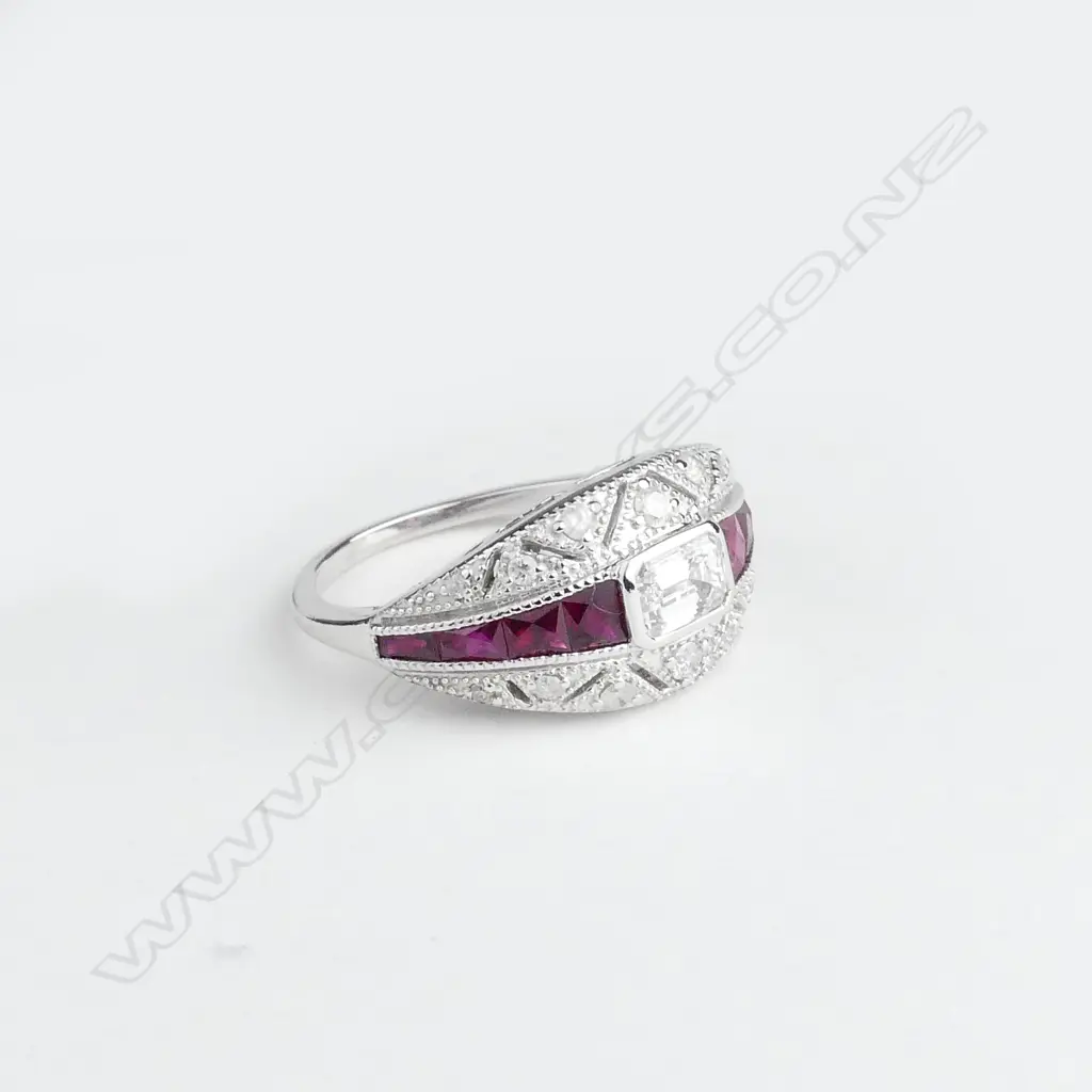 An 18ct white gold ruby and diamond Art Deco style ring Image 1++