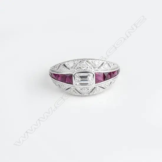 An 18ct white gold ruby and diamond Art Deco style ring