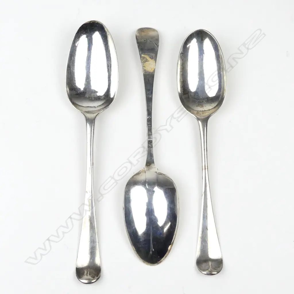 Three early George III silver bottom marked tablespoons Image 1++