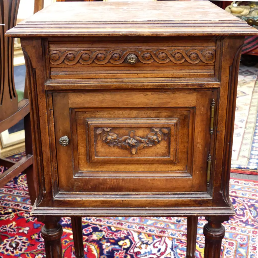 A French walnut marble top bedside cabinet Image 1++