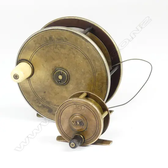 A 19thC large 4¾" Malloch brass salmon reel with another smaller