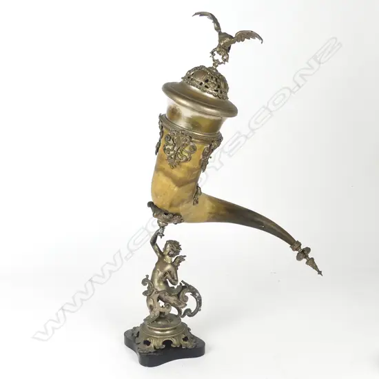 An ornate 19thC ‘drinking horn’ on stand