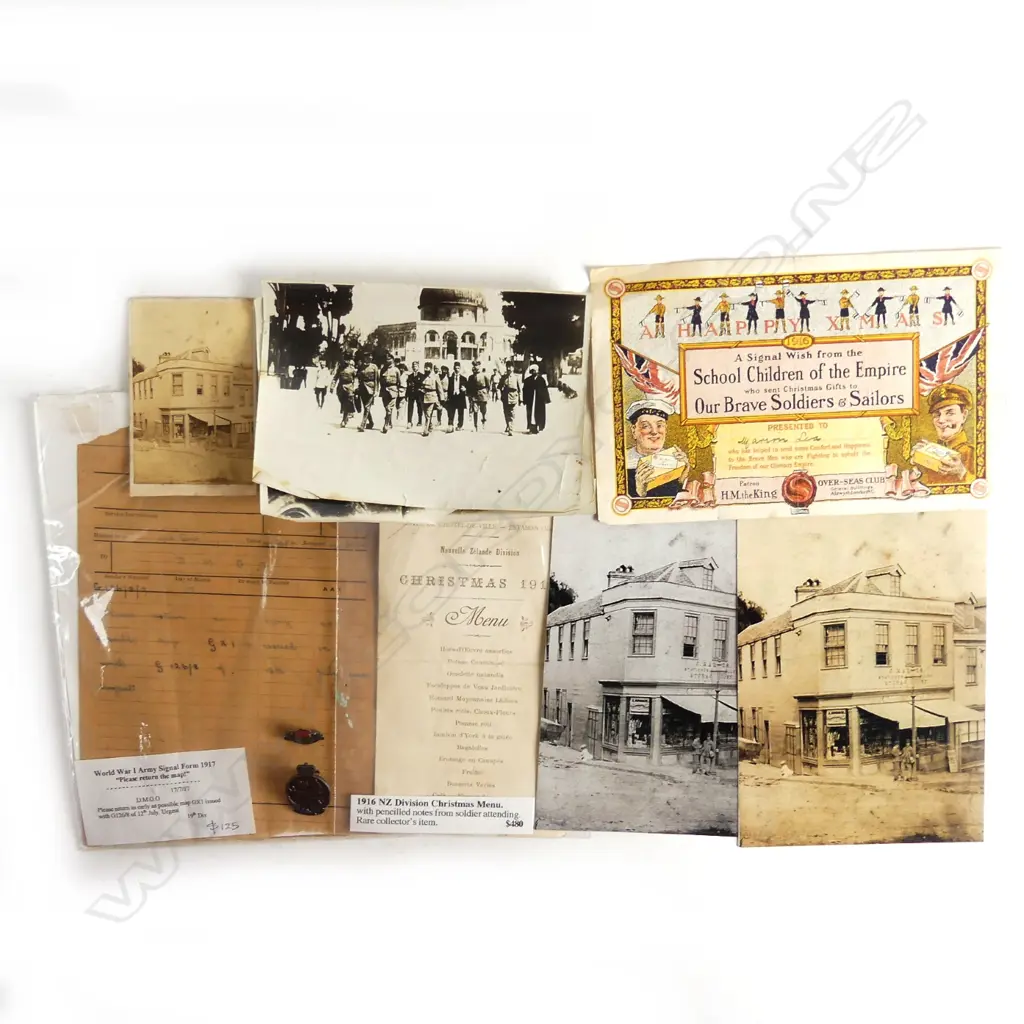WWI ephemera including 'Nouvelle Zélande Division' Xmas 1916 menu card Image 1++