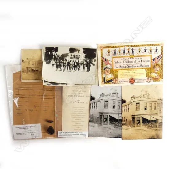 WWI ephemera including 'Nouvelle Zélande Division' Xmas 1916 menu card