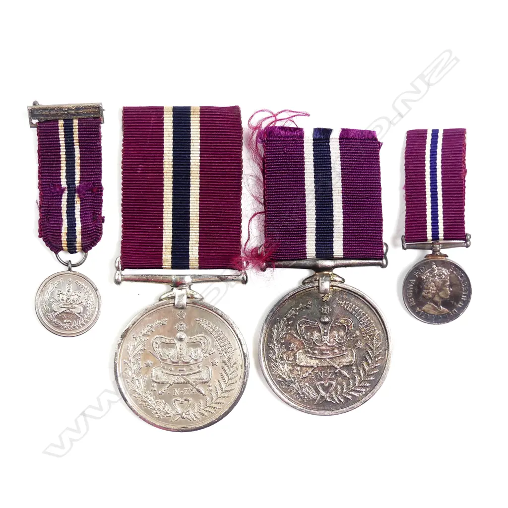 Two N.Z. Police Service and Good Conduct silver medals with miniatures Image 1++