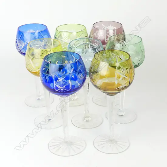 Eight Bohemian crystal wine glasses