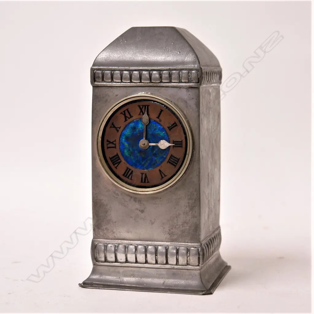 A c.1910 Tudric pewter and enamelled mantel clock made for Liberty of London Image 1++